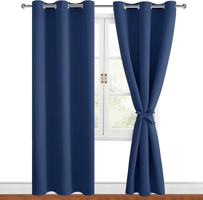 Hiasan Blackout Curtains for Bedroom, 42 x 84 Inches Long - Thermal Insulated & Energy Saving Window Curtains for Living Room, 2 Drape Panels Sewn with Tiebacks, Navy by Hiasan