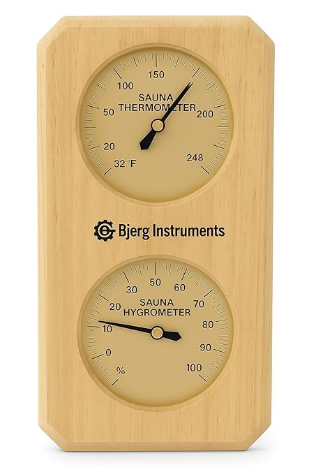 Sauna Thermometer and Hygrometer - 2-in-1 Indoor Analog Temperature & Humidity Gauge with Pine Wood Frame, for Sauna Rooms - 3.5" Dial Wall-Mounted Meter (0–100% RH, Up to 248°F) by Bjerg+Instruments