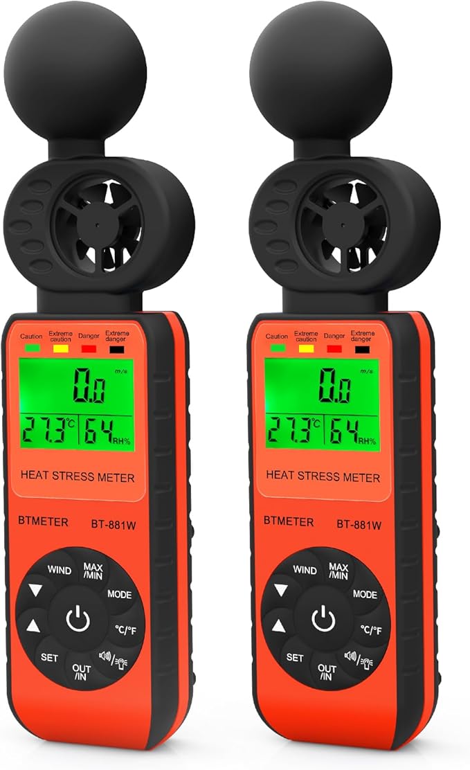 BTMETER Heat Stress Meter Anemometer - Digital Indoor/Outdoor WBGT (Wet Bulb Globe Temperature) Meter with Wind Speed, Ambient Temp, Humidity Tester BT-881W 2pcs by BTMETER