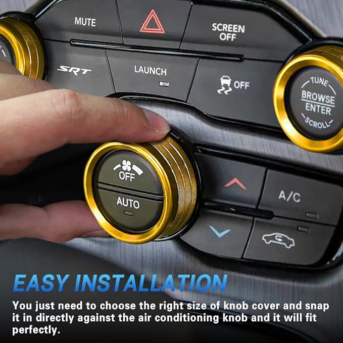 3PCS Air Conditioner Switch Button Knob Cover, Auto Accessories Climate Control Knob Covers, Aluminum Alloy Knob Ring Trim Cover Compatible with Dodge Challenger Durango 2015-2022 (Gold) - Image 5