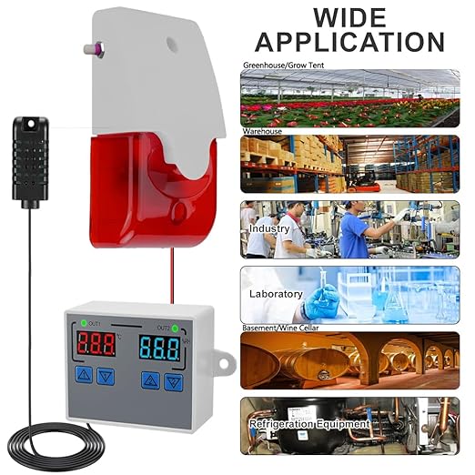 Hygrometer Thermometer Alarm, 12V High/Low Temperature and Humidity Monitor, 0~120dB Adjustable Audible/Visual Thermostat Controller with External Output Option for Room/Grow Tent/Farm/Cellar/Reptile - Image 3