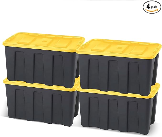 HOMZ 4-Pack Durabilt Tote, Heavy Duty Plastic Storage Bins with Lids, 34 Gallon, Black/Yellow - Stackable Organizing Containers for Home, Garage, and Office by Homz