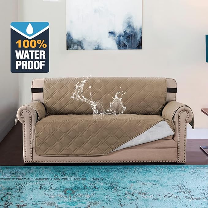 H.VERSAILTEX 100% Waterproof Sofa Slipcover Washable Loveseat Cover for 2 Cushion Cover Non-Slip Furniture Protector with Silicone Backing Couch Cover for Pets (Oversized Loveseat, Taupe) - Image 2