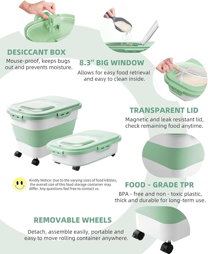 20-30 Lbs Rice Storage Container,Collapsible Food Storage Containers with Rolling Wheel Airtight Locking Lid,Flour Storage Container with Cup and Scoop,Suitable for Food,Rice,Pet Food,Flour - Image 7
