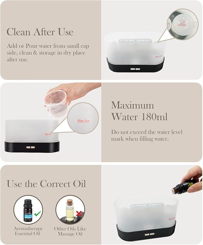 Essential Oil Diffuser,Humidifier with 7 Colors Flame Light,180ml Air Humidifiers for Bedroom, Home, Office, Gifts - Portable,Auto-Off Protection,4 Modes Mist(Black) - Image 6