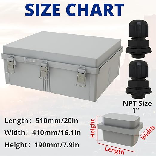 MAKERELE Large Outdoor Junction Box Waterproof IP67 Plastic Electrical Box Enclosure with Hinged Cover with Mounting Plate and 1" NPT*2(20"*16.1"*7.9") - Image 2
