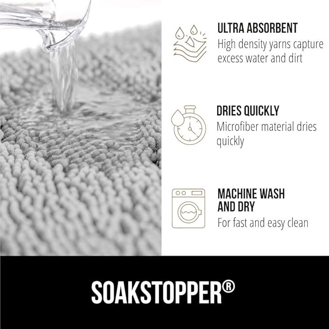 GORILLA GRIP SOAKSTOPPER Dog Door Mat, 60x36 Machine Washable Rug Absorbent Doormat Captures Moisture Mud Dirt, Quick Dry Soft Chenille Entryway Rugs Indoor Entrance Mats for Dog Paws, Light Gray - Image 4