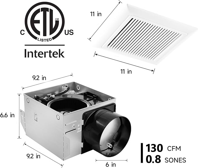 Bathroom Exhaust Fan 130 CFM 0.8 Sone, 6 Inch Duct, Quiet Energy Saving Ventilation Fan with Humidity sensors, Easy to Install, No Attic Access Ceiling Mounted, White, ETL Certified - Image 5