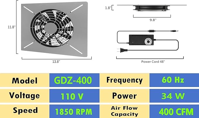 Crawlspace Ventilation Fan Basements Stainless Steel Vent Fan Window Exhaust Fan Ultra-Thin Design Reversible Airflow 400 CFM For Kitchen Garage Attic Grow Tent(Medium) - Image 3