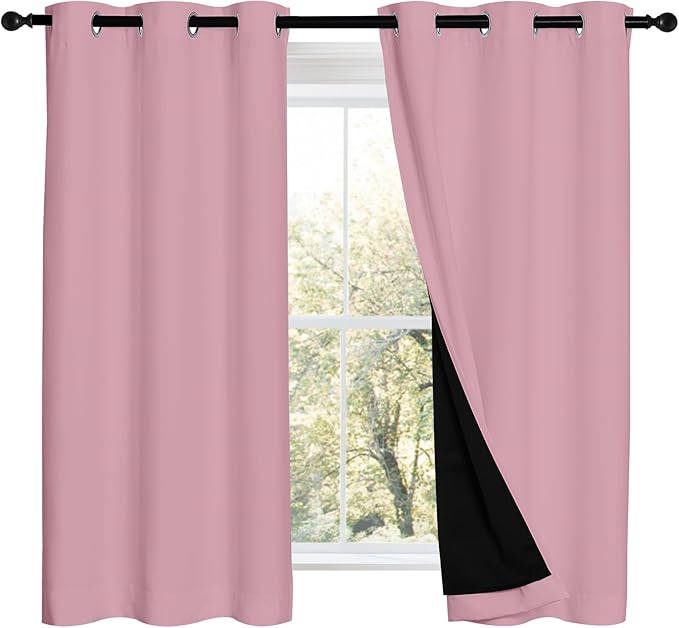 NICETOWN Crystal Pink 100% Blackout Curtains 2 Panels with Black Liners, Thermal Insulated Full Blackout 2-Layer Lined Drapes, Noise Cancellation Window Draperies for Dining Room (42" W by 54" L) by NICETOWN