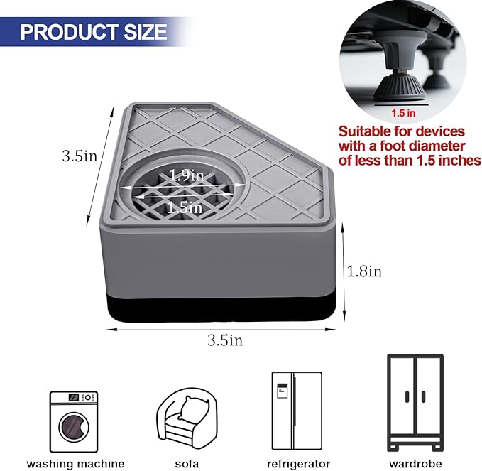 4Pcs Anti Vibration Pads for Washing Machine, Stops Washer Dryer Moving, Prevents Noise, Vibration Transfer, Antivibration Stabilizer Support Feet (Increase1.8in) - Image 3