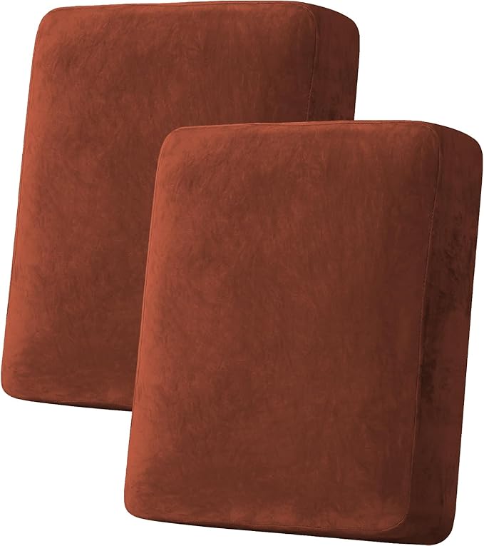 H.VERSAILTEX Velvet Stretch Couch Cushion Cover Plush Cushion Slipcover for Chair Loveseat Sofa Cushion Furniture Protector Seat Cushion Sofa Cover (2 Piece Medium Sofa Cushion Covers, Rust) by HVERSAILTEX