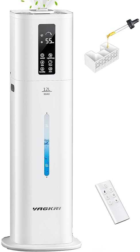 VAGKRI 12L Large Room Humidifier, 120H Long Lasting Cool Mist, 3 Mist Levels, Auto Humidity Adjustment, Top Fill Design with Essential Oil Tray for Bedroom, Home, Plants, Baby by VAGKRI