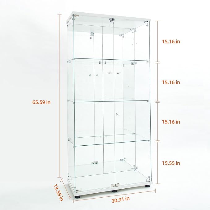 Yoluckea 4 Tiers Glass Display Cabinet with Bluetooth LED Light Strip, 2 Doors Floor Standing Curio Cabinet with Adjustable Feet and Mirror Back Panel, White Glass Bookshelf for Collections, Wood Top - Image 2