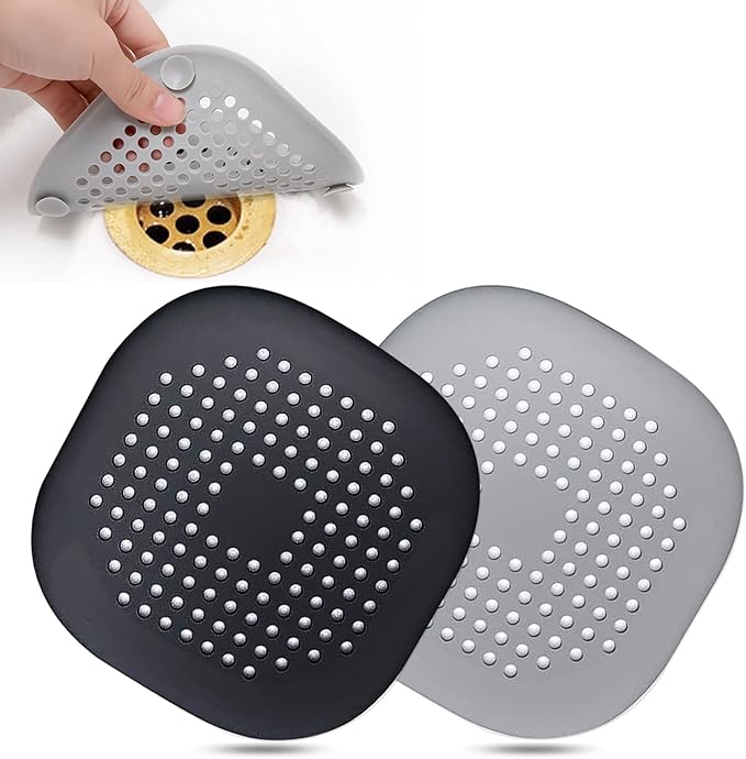 Hair Drain Catcher,Square Drain Cover for Shower Silicone Hair Stopper with Suction Cup,Easy to Install Suit for Bathroom,Bathtub,Kitchen 2 Pack (Sliver Grey Black) by Bovinde
