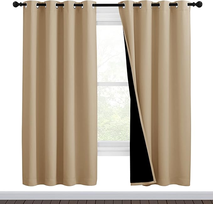 NICETOWN Living Room Completely Shaded Draperies, Privacy Protection & Noise Reducing Black Lined Insulated Window Treatment Curtain Panels for Patio Door (Set of 2 Pcs, W46 x L72, Biscotti Beige) by NICETOWN