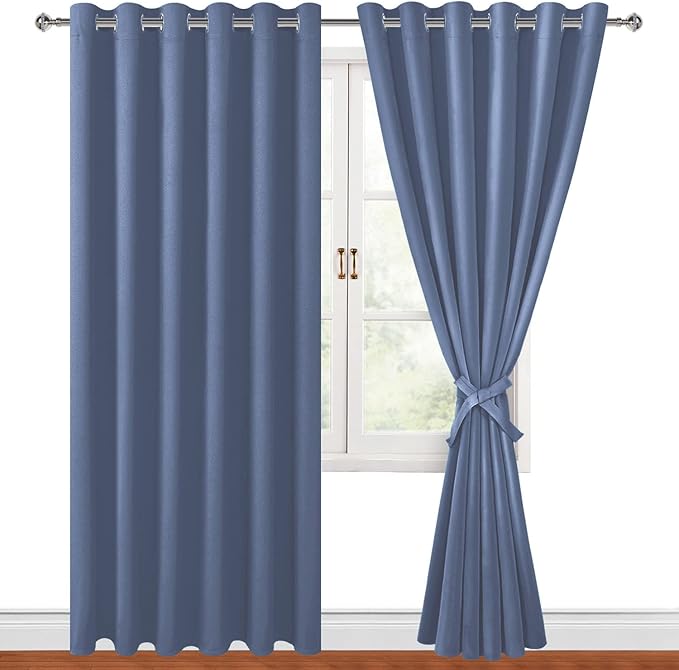 Hiasan Grommet Blackout Curtains for Bedroom, 70 x 84 Inches - Thermal Insulated & Light Blocking Window Drapes for Living Room/Dorm Room, Set of 2 Panels Sewn with Tiebacks, Blue Haze by Hiasan