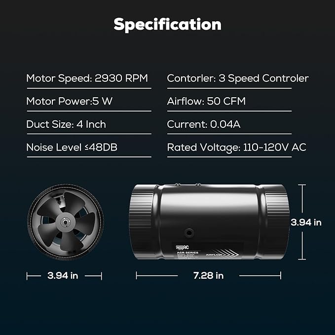 4 Inch Inline Duct Fan with Speed Controller –130 CFM, Ultra-Quiet 48dB, 5W Energy Efficient – for Grow Tents, Hydroponics, Attic, Greenhouse, Ventilation, Exhaust (4in Inline Fan) - Image 8