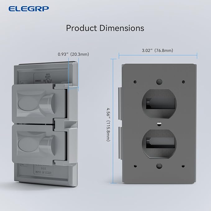 ELEGRP Horizontal Outdoor Cover for Duplex Receptacles, 2-Hole Weatherproof Wall Plate, Outdoor Electrical Outlet Cover, Standard Size 1-Gang 4.55” x 3.02”, Thermoplastic, 6 Pack, Grey - Image 5