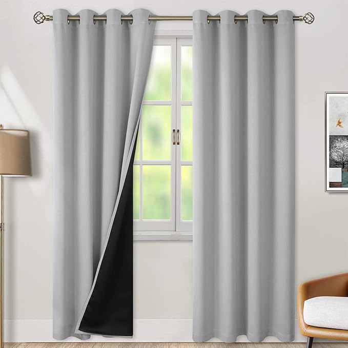BGment Thermal Insulated 100% Blackout Curtains for Bedroom with Black Liner, Double Layer Full Room Darkening Noise Reducing Grommet Curtain (52 x 90 Inch, Light Grey, 2 Panels) by BGment