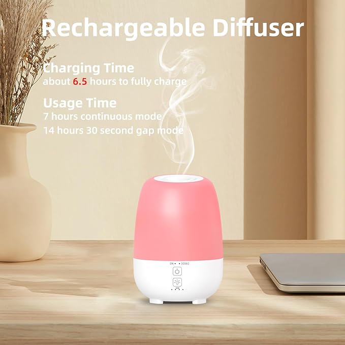 150ML Rechargeable Battery Operated Essential Oil Diffuser,7-Hour Runtime with 7 LED Color Changing Lights Portable Cordless Aromatherapy Diffuser - Image 2