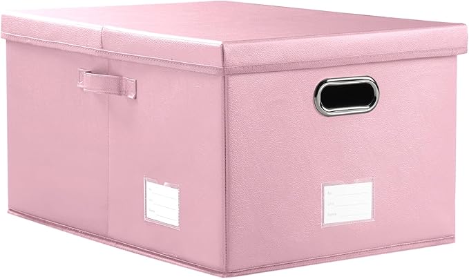 PRANDOM Collapsible Storage Box with Lid [1-Pack] Leather Fabric Foldable Storage Bin Organizer Container Basket Cube with Cover for Home Bedroom Closet Office Nursery Pink (22.8X15.7X11.8) by Prandom