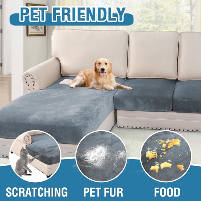 H.VERSAILTEX Velvet Stretch Sectional Couch Covers 3 Pieces Sofa Seat Cushion Covers L Shape Separate Cushion Couch Chaise Cover for Both Left/Right Couch (Large Sofa 2 Seater + 1 Chaise, Stone Blue) - Image 3