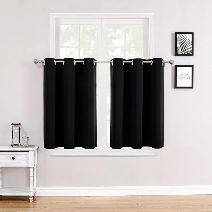 ChrisDowa Small Window Curtains for Kitchen and Bedroom - Grommet Short Thermal Insulated Room Darkening Curtains (2 Panels, Black, 42 x 36 Inch) by ChrisDowa