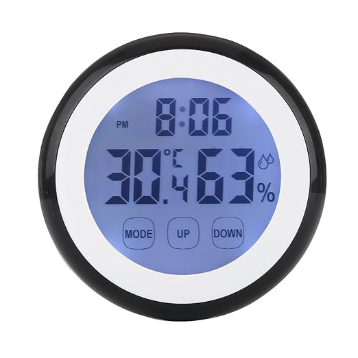 Digital Thermometer Hygrometer Clock, Temperature Humidity Monitor Alarm Clock Touch Screen with Backlight Magnetic Back for Home Office Baby Room (Black) by LAEINA