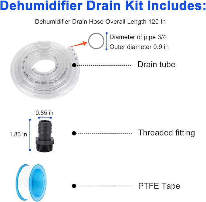 5692 Dehumidifier Drain Hose 3/4 Clear Vinyl Tubing 10 Feet & Dehumidifier Drain Connection Fitting for Aprilaire Whole-House E-Series Pro Dehumidifiers E070 E080 E100 E130 Drain Tube - Image 3