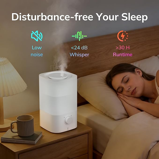 ZAFRO 3.2L Cool Mist Humidifier for Bedroom, 360° Adjustable Nozzle & 7 Color LED Night Light, Top Fill Design & Multiple Mist Levels, 24 dB Quiet Ultrasonic Comfort Humidifiers, White - Image 6