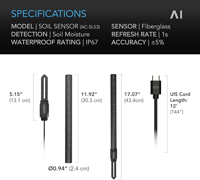AC Infinity Soil Sensor Probe Exclusively for AI Controllers, Monitor Moisture & Saturation for Gardens, Grow Tents, Grow Spaces, Detachable Stem, IP67 Seal Protection - Image 6