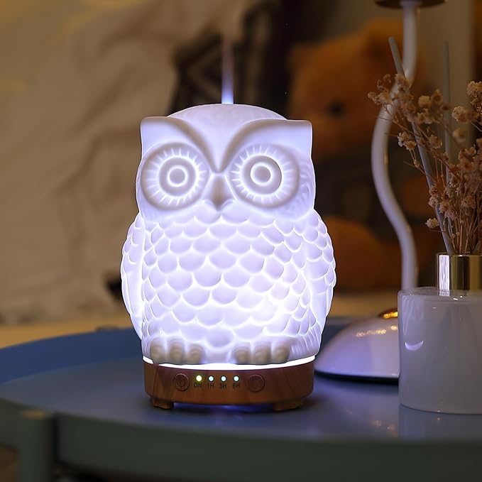 Owl Ceramic Aromatherapy Diffuser INRORANS 160ml Stone ultrasonic Cool Mist Scent Essential Oil Diffuser Humidifier with Intermittent Mist & LED 7 Colors Changing Night Light for Bedroom Office Home by inrorans