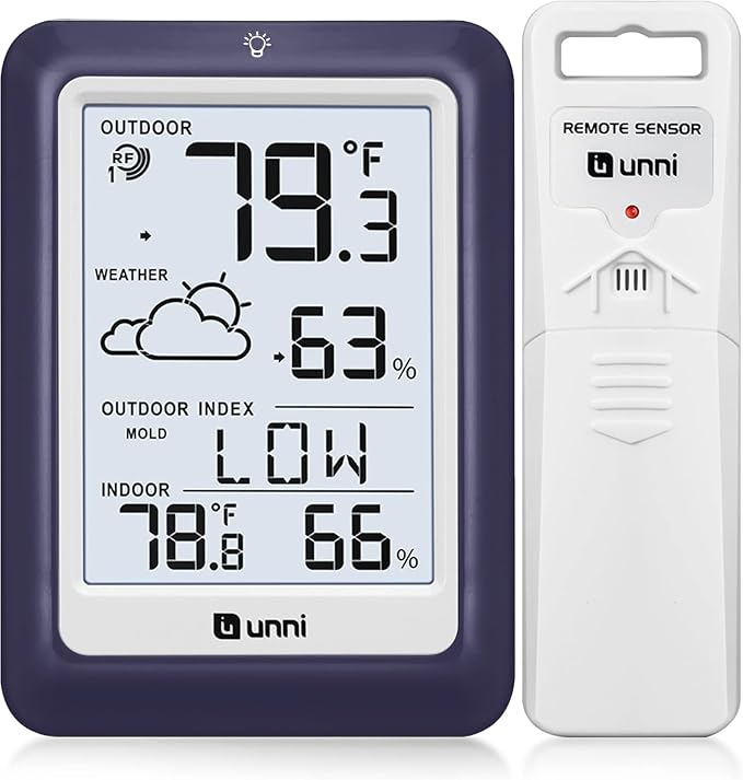 Indoor Outdoor Thermometer Wireless Weather Station, Temperature Humidity Monitor Battery Powered Inside Outside Thermometers with 330ft Range Remote Sensor and Backlight Display (Purple) by UUNNI