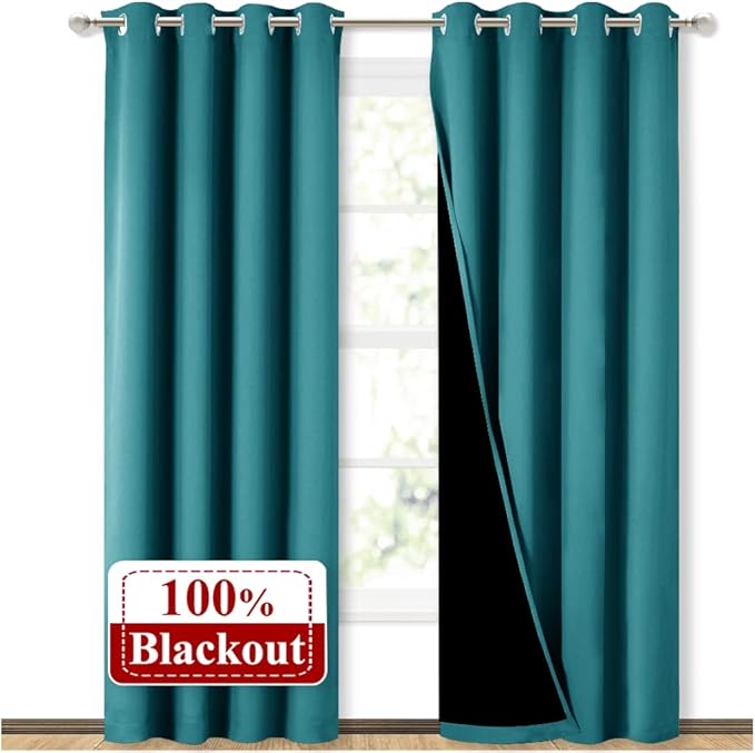 NICETOWN 100% Blackout Curtains 84 inches Long, Pair of Energy Smart & Noise Blocking Out Drapes for Baby Room Window, Thermal Insulated Guest Room Lined Window Dressing(Peacock Teal, 52 inches Wide) by NICETOWN