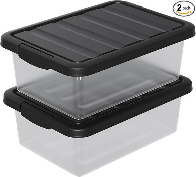 Vcansay 14 Quart Plastic Clear Latching Storage Container, Frosted Stackable Bin with Black Lid, 2 Packs by Unknown