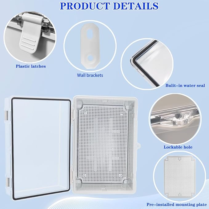 Waterproof Outdoor Electrical Box Junction Box Weatherproof IP67 ABS Plastic Enclosure Switch Router Project Box with Mounting Plate with Wall Bracket 2 Cable Glands Clear 11.4"x7.5"x5.5" - Image 3