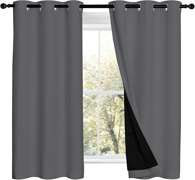 NICETOWN Grey 100% Blackout Curtains 2 Panels with Black Liners, Thermal Insulated Full Blackout 2-Layer Lined Drapes, Noise Cancellation Window Draperies for Dining Room (42-inch W by 54-inch L) by NICETOWN