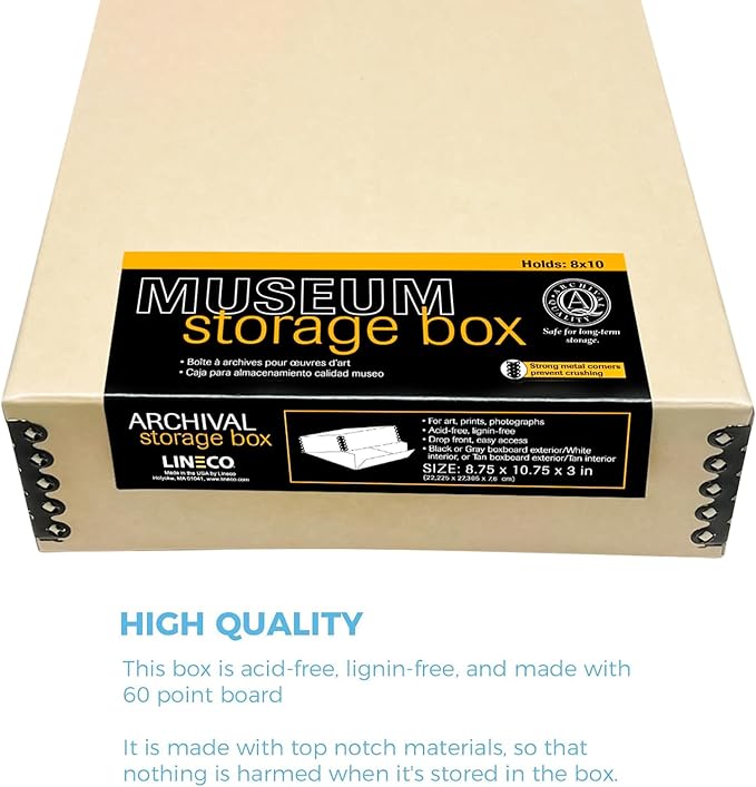 Lineco Museum Archival Storage Box, 8.75x10.75x3 in. Drop Front Design. Acid-Free with Metal Edge. Organize Photos, Pictures, Prints, Documents, Crafts, DIY. Tan, 2 Pack - Image 5