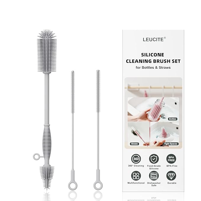 Silicone Cleaning Brush Kit,Water Bottle and Straw Cleaner Brush Set for Tumbler,Baby Bottle,Breast Pump Part,Nipple,Sippy Cup,Glass,Dishwasher Safe,BPA Free,3 Pcs by Leucite