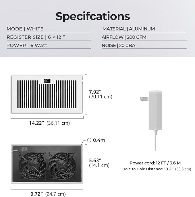 Quiet Register Booster Fan Fits 6" x 12" Register Holes, 10-Speed Smart Heating Cooling AC Vent Fan with Remote Control and Thermostat Control - White - Image 6