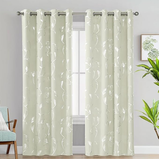 BUHUA Blackout Curtains Silver Foil Print Flower Vine Grommet Drapes, Room Darkening Thermal Insulated Curtains, Noise Reducing Curtain for Bedroom, Cream, 52Wx63L, 2 Panels - Image 2
