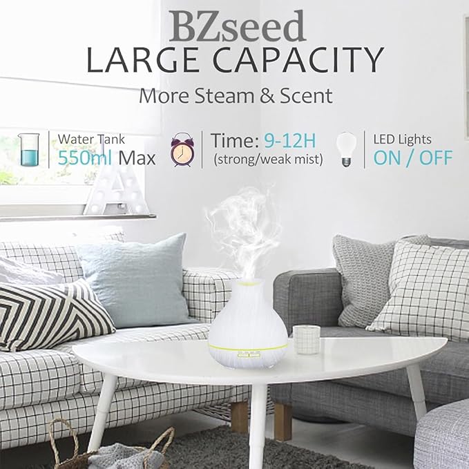 BZseed Aromatherapy Essential Oil Diffuser 550ml 12 Hours White Wood Grain Aroma Diffuser with Timer for Large Room, Home, Baby Bedroom, Waterless Auto Shut-Off, 7 Colors Lights Changing - Image 2