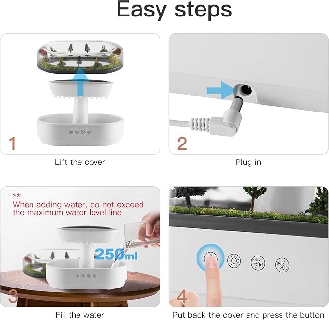 Essential Oil Diffuser 250ML Cloud Humidifier Rain Water Drip Diffuser Humidifier with Drip Music Micro Landscape Ultrasonic Diffuser for Bedroom Office Hotel (White Grey) - Image 7