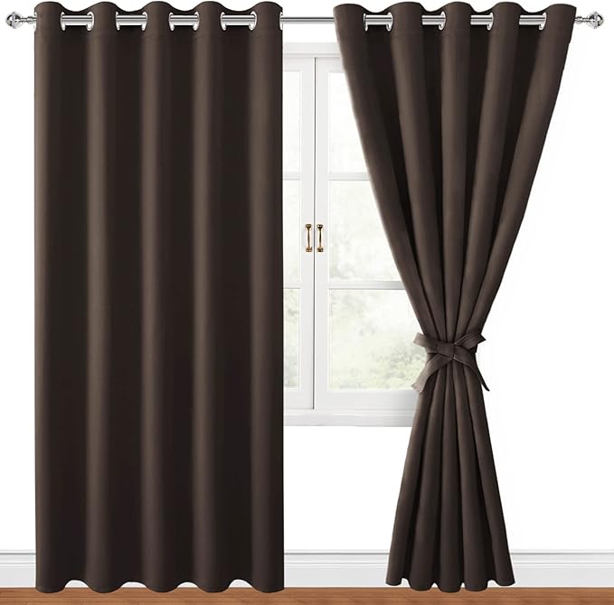 Hiasan Blackout Curtains for Bedroom, 60 x 84 Inches Long - Thermal Insulated & Light Blocking Window Curtains for Living Room, 2 Drape Panels Sewn with Tiebacks, Brown by Hiasan