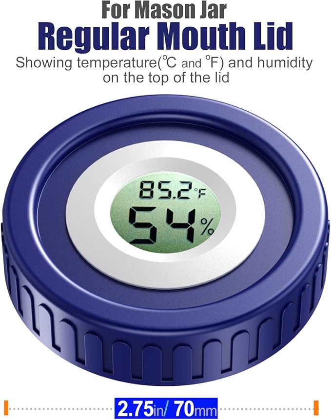 Mason Jar Lids Built-In Stash Hygrometer Herb Curing monitor fits all Wide Mouth/Regular Mouth Mason Jars humidity lid 2pcs (70mm, Blue) - Image 2