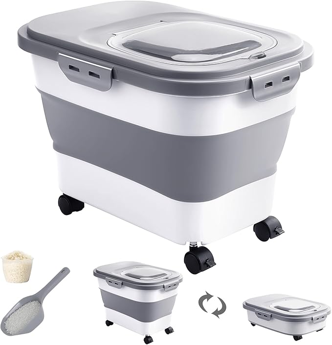 20-30 Lbs Rice Storage Container,Collapsible Food Storage Containers with Rolling Wheel Airtight Locking Lid,Flour Storage Container with Cup and Scoop,Suitable for Food,Rice,Pet Food,Flour by DDMOMMYCOLLAPSIBLEFOODSTORAGECONTAINERFAMILY