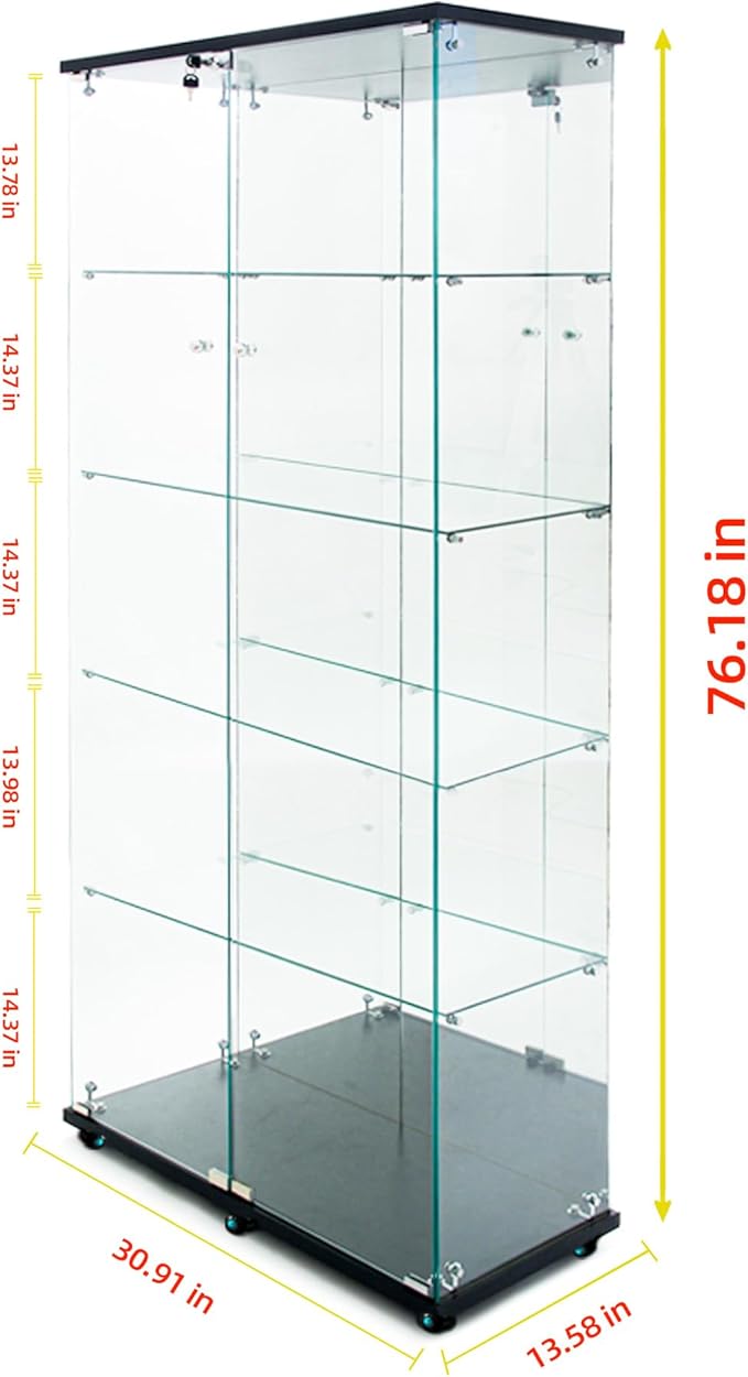 Yoluckea 5-Tier Glass Display Cabinet with Bluetooth LED Light Strip, 2-Door Floor Standing Curio Cabinet with Universal Wheel and Mirror Back Panel, Black Glass Bookshelf for Collections, Wood Top - Image 2