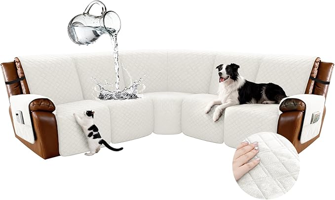 Arfntevss Waterproof Recliner Sectional Couch Covers for Reclining Sectional L Shape Sofa Cover Non Slip Washable Recliner L Shaped Slipcover Sets for Dog Furniture Protector (5 Seater, Cream White) by Arfntevss