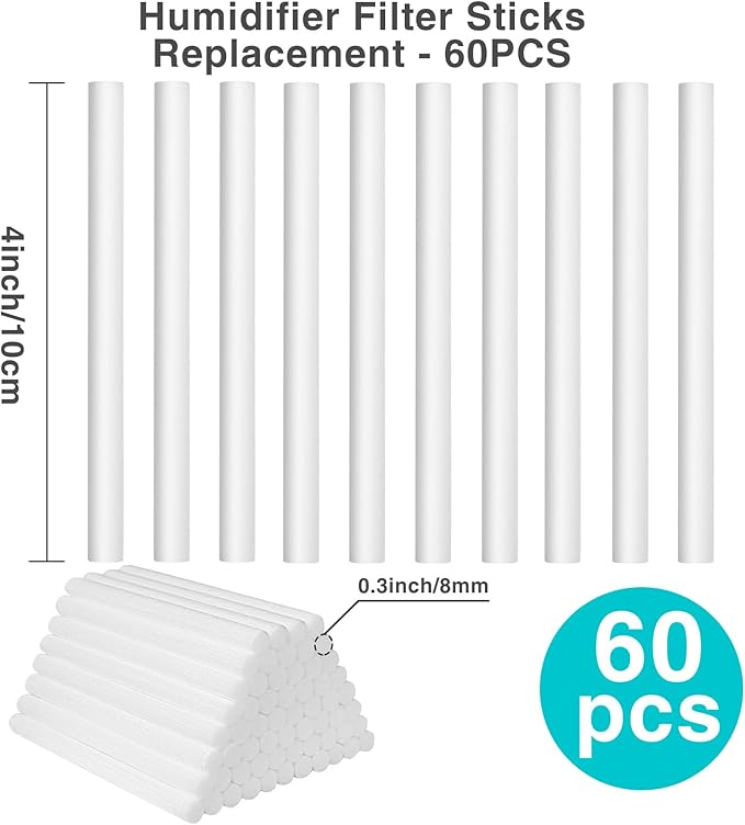 Cotton Humidifier Filter Sticks (60PCS) - 0.3" Universal Fits Mini Diffusers, Rapid Absorption Replacement Wicks for Cool Mist USB Humidifiers in Home, Bedroom, Office (White, 0.3"×4") - Image 2